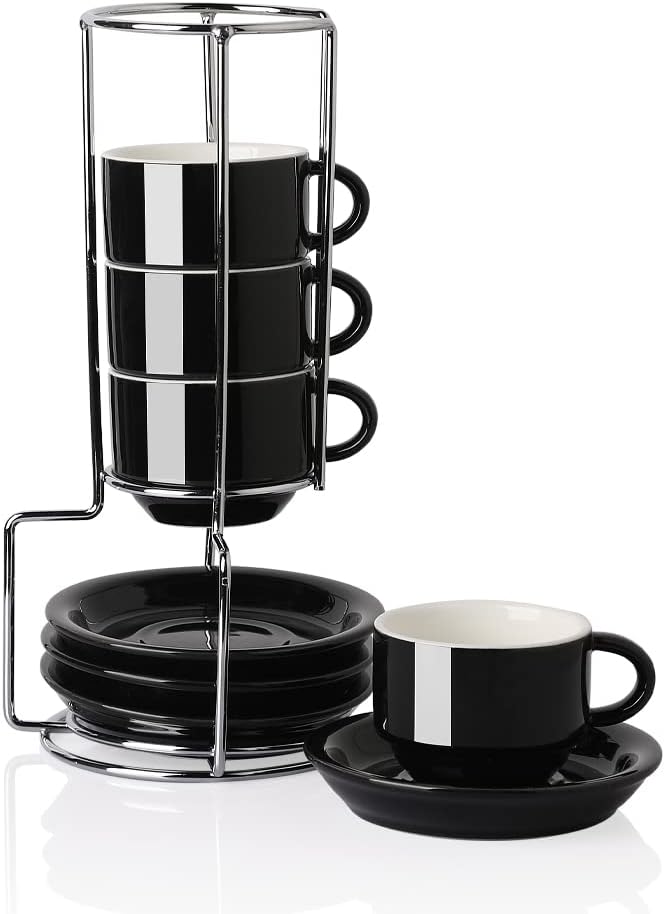 Sweejar Porcelain Espresso Cups with Saucers, 2.5 Ounce Stackable Cappuccino Cups with Metal Stand for Coffee Drinks, Latte, Tea - Set of 4 (Black)