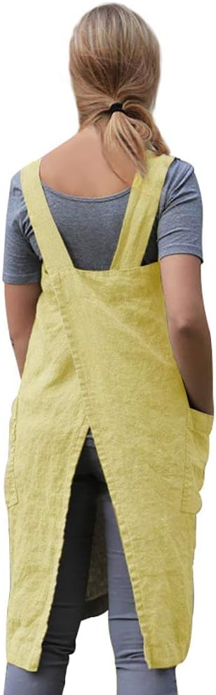 Women's Pinafore Square Apron Baking Cooking Gardening Works Cross Back Cotton/Linen Blend Dress with 2 Pockets