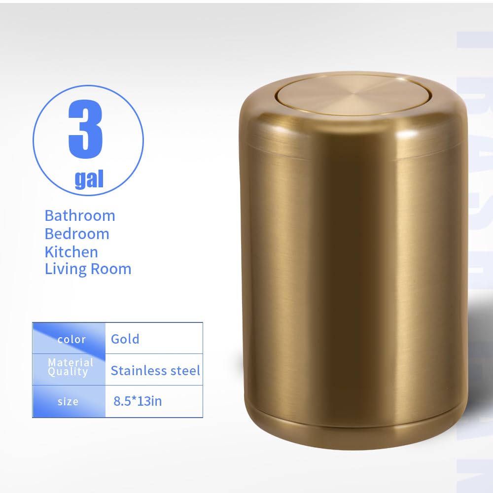 Waste Can 3 Gallon with Swing Lid，Brushed Stainless Steel Gold Trash Can，Metal Cylindrical Garbage Can，Brass Wastebasket Bin for Bathroom,LivingRoom,Office,Kitchen,Bedroom,Hotel (Gold)