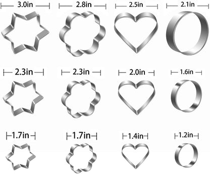 Metal Cookie Cutters Set- Heart, Star, Round, Flower - 12Pcs Cookie Cutters - Heart Star Cookie Cutter Round Small Cutter Flower Cookie Cutter for