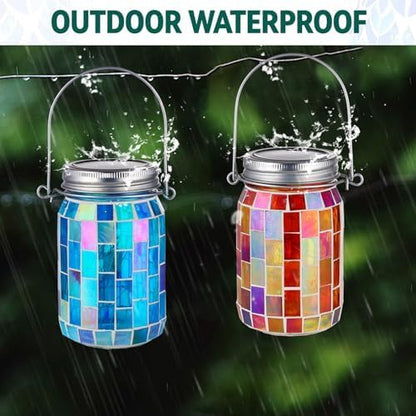 VOREEN Solar Powered Mosaic Mason Jar Lights, Colorful Stained Glass Lanterns for Outdoor Garden Decor, 2 Pack (Orange and Blue)