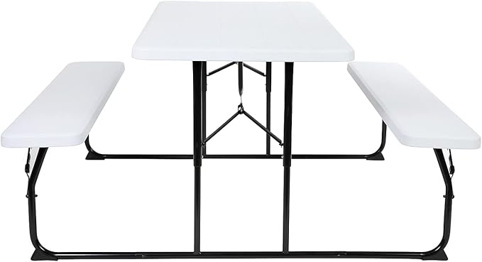 Flash Furniture Insta-Fold Picnic Table - White Wood Grain Folding Picnic Table Bench Set for Adults - 4.5 Foot Folding Table