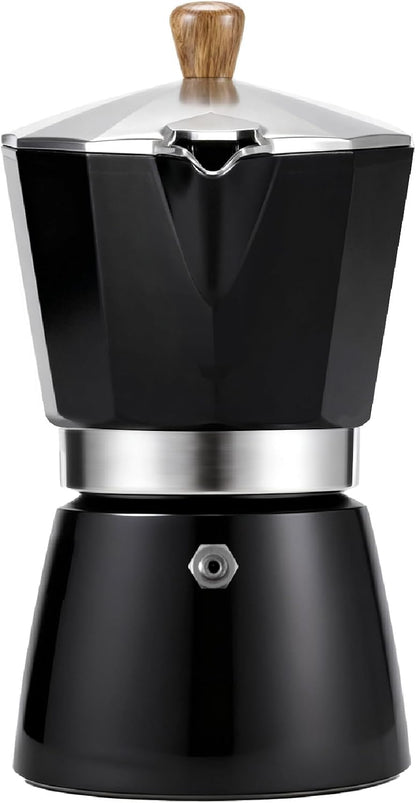 AGOGO Moka Pot Stovetop Espresso Set &amp; Cuban Coffee Maker 6-Cup/300ml Black | Upgraded anti-snap grip, Home &amp; camping greca percolator, 100 filters for sediment-free brew, Brush &amp; towel gift set
