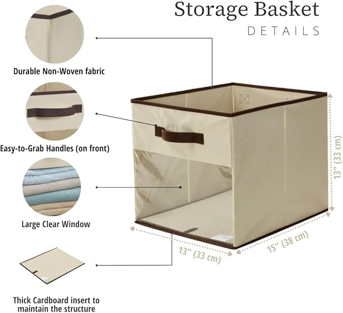 DECOMOMO Kallax Storage Cubes, 13x15x13 Storage Cube Bins with Window, Baskets for Organizing Shelves (Kallax / 4pcs, Beige)