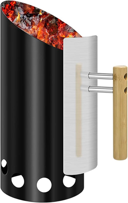 Charcoal Chimney Starter Double Enameled Chimney Starter Charcoal Chimney with Heat Shield & Wood Handle Great Heat Insulation Coal Starter for Grill Easy Grip Charcoal Starter, Black