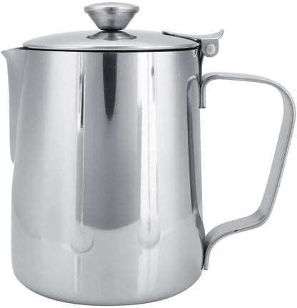 Stainless Steel Coffee Cup Mug Milk Frothing Pitcher Jug with Lid for Latte Coffee Art for Office Kitchen with handle(350mL)