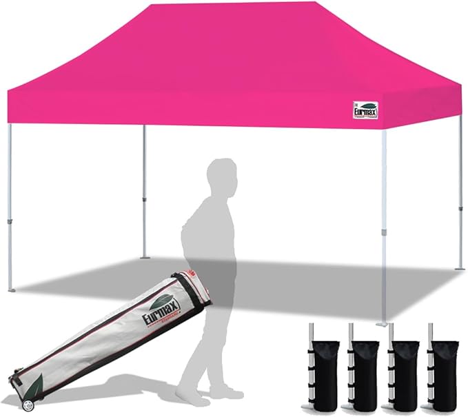 Eurmax USA 10x15ft Pop Up Canopy, Commercial Instant Tent for Outdoor Events, Patented No-Tip Rolling Storage Bag with 4 Sandbags,UV & Water Resistant,Heavy Duty Portable Shelter Gazebo,Pink