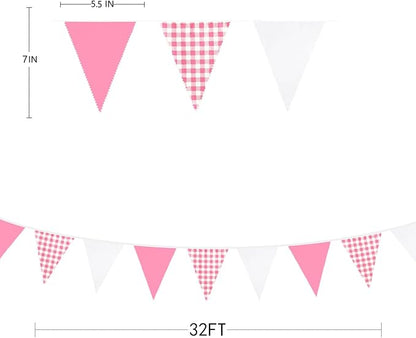 32Ft Hot Pink Plaid Checkered Pennant Banner Fabric Gingham Triangle Flag Bunting Garland Streamers for Wedding Birthday Baby Shower Party Home Nursery Outdoor Garden Hanging Festivals Decoration