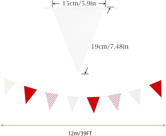 Zwiebeco 39Ft Red White Dot Fabric Bunting Banner Triangle Flags Cotton Garland Pennant for Birthday Wedding Engagement Carnival Party Classroom Nursery Home Outdoor Garden Decorations