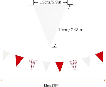 Zwiebeco 39Ft Red White Dot Fabric Bunting Banner Triangle Flags Cotton Garland Pennant for Birthday Wedding Engagement Carnival Party Classroom Nursery Home Outdoor Garden Decorations