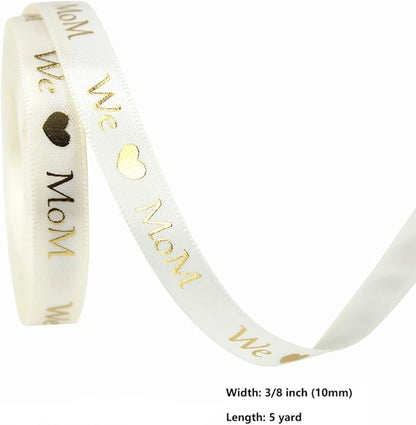 Mother’s Day Ribbon Set – 5 Rolls Satin Gift Flower Ribbons with Gold Foil Letters – 5 Yards Each, 10mm & 16mm – Love You Mom, Just for You, We Mom – Gift Wrap, Flower Wrap, Crafting, DIY (5)