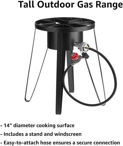 21" Tall Portable Gas Stove with Hose Guard, Steel Heavy Duty Single Burner Outdoor Patio Stove, Tank Cooker Perfect for Deep Frying or Steaming, Turkey Fry, Catered Events, Camping, Range - 55,000BTU
