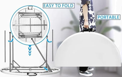 4FT Round Folding Table 48 Inch, Bifold Plastic Dining Table for Wedding, Party, Garden, Patio