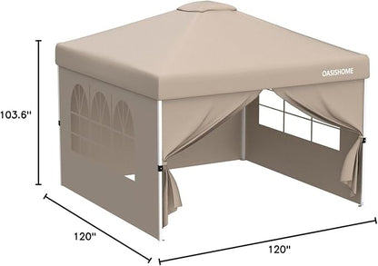 OASISHOME Pop-up Gazebo Instant Portable Canopy Tent 10'x10', with 4 Sidewalls, Windows, Wheeled Bag, for Patio/Outdoor/Wedding Parties and Events (10FTx10FT, Khaki)