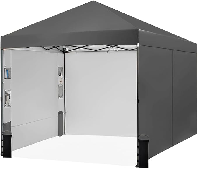 Tunbne 10X10 Comercial Pop Up Canopy Tent with 4 Sidewalls and 6 Pockets, One Push Setup Center Lock, for Beach Patio Outdoor, Case, 8 Stakes, 4 Ropes, 4 Sandbags (Charcoal Grey)
