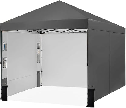 Tunbne 10X10 Comercial Pop Up Canopy Tent with 4 Sidewalls and 6 Pockets, One Push Setup Center Lock, for Beach Patio Outdoor, Case, 8 Stakes, 4 Ropes, 4 Sandbags (Charcoal Grey)