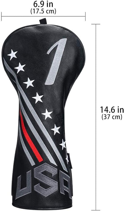 Big Teeth Golf Cover USA Stripe and Star Headcover Covers, Driver Fairway Wood Hybrid Headcovers Fits Blade Mallet Putter Iron and Woods with Magnetic Club Protector Pu Leather Golf Accessories