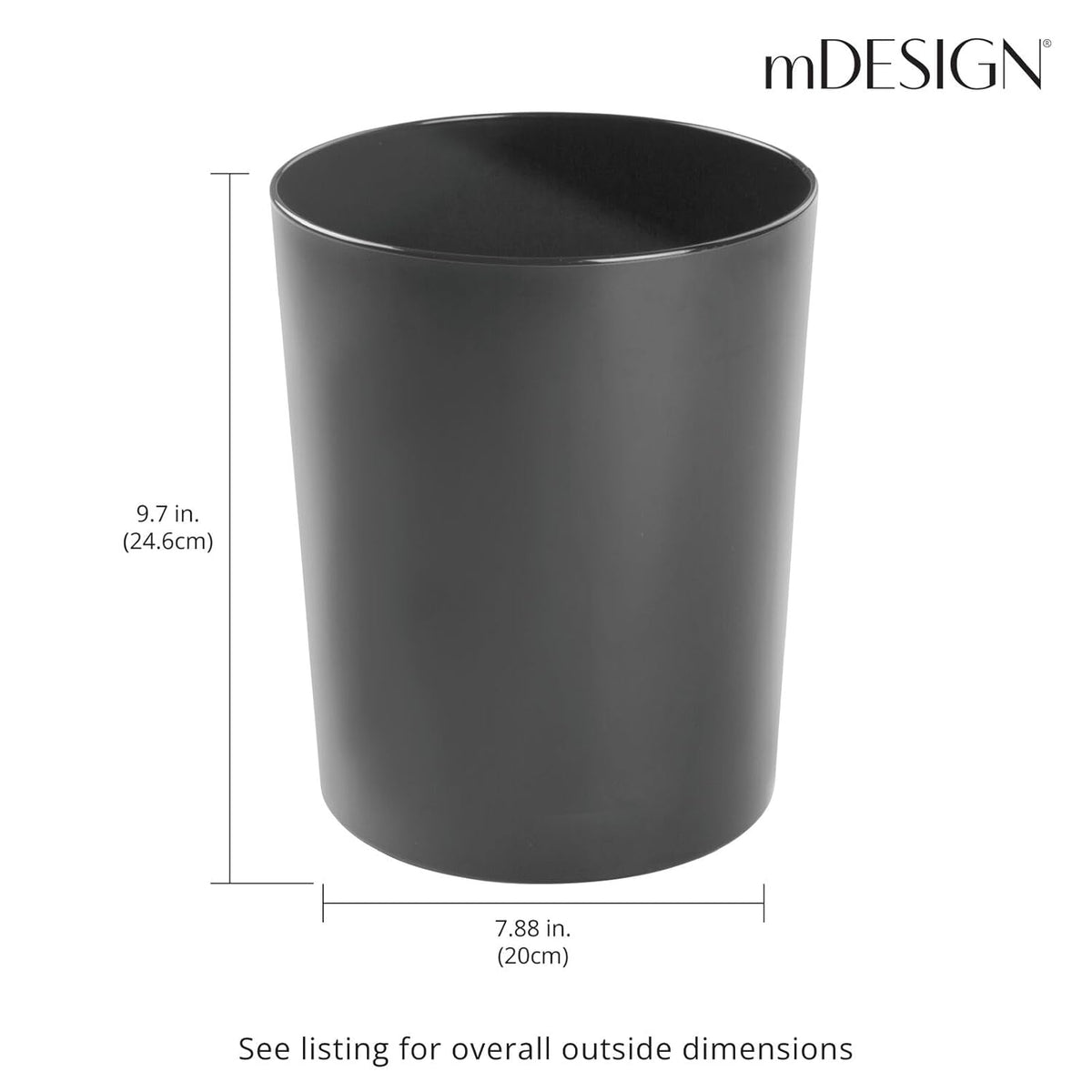 mDesign Round Metal Small 1.7 Gallon Recycle Trash Can Wastebasket, Garbage Container Bin for Bathrooms, Kitchen, Bedroom, Home Office - Durable Stainless Steel - Mirri Collection - Black