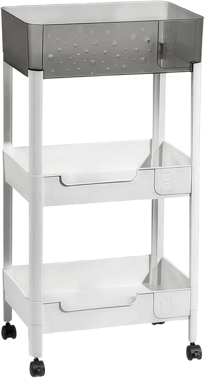 3 Tier Rolling Cart with Wheels 4.7'' Deep Baskets Bathroom Storage Shelf Heavy Duty Plastic Bedside Cart, Large Capacity Snack Stand Diaper Caddy Laundry Room Kitchen Organizer, White