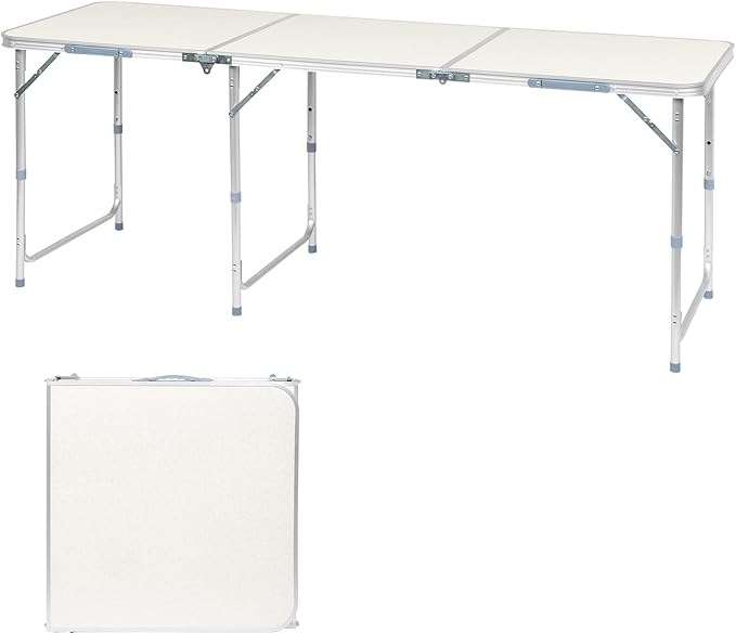 Outvita 6ft Portable Folding Camping Table, Outdoor Waterproof Adjustable Height Table, Aluminum Lightweight Suitcase Foldable Table for Picnic BBQ Beach Dining