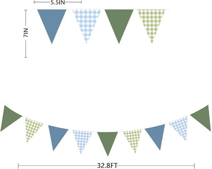 32Ft Blue Green Party Decorations Dusty Blue Sage Green Gingham Fabric Triangle Banner Flag Plaid Pennant Garland Streamers for Hole in One Birthday Baby Shower Masters Golf Graduation Decor Supplies