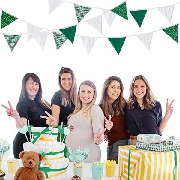 Zwiebeco 32Ft Green White Stripe Dot Fabric Bunting Banner Triangle Flags Cotton Garland Pennant for Birthday Wedding Baby Shower Hen Spring Tea Party Classroom Nursery Home Outdoor Garden Decorations