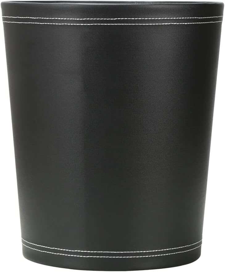 KINGFOM Classic Pu Leather Trash Can Wastebasket, Small Garbage Container Can for Bathrooms, Powder Rooms, Kitchens, Home, Office and and High Class Hotel Round Black