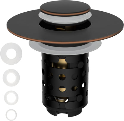 Universal Bathroom Sink Stopper Hair Catcher Upgraded with 2-Layer Detachable Filter Basket, 2PCS 4 in 1 Pop Up Drain Strainer, Anti-Clog, Odor-Block, Fit for 1.1''~2.36'' Sinks, Oil Rubbed Bronze