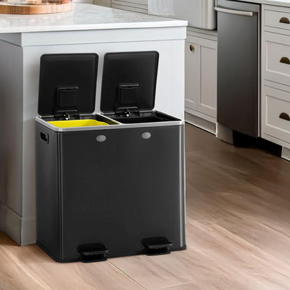 CAPHAUS Black Dual Trash Can w/Double Lid, Trash & Recycle Bins Combo, Hands-Free Stainless-Steel Garbage Can for Kitchen, with 2 Compartment, Hinged Lid, Odor Filters, Handles, 25L+25L, 2 x 6.6 Gal
