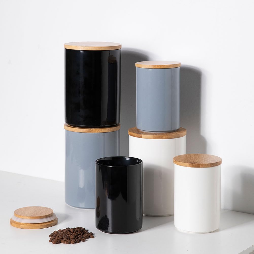 Sweejar Kitchen Ceramic Food Storage Containers Set, Stackable Canisters for Countertop with Airtight Boomboo Lids for Serving Ground Coffee, Tea