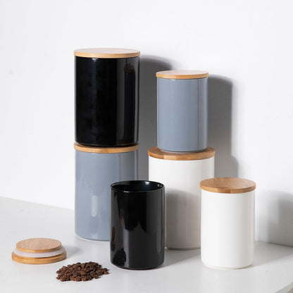 Sweejar Kitchen Ceramic Food Storage Containers Set, Stackable Canisters for Countertop with Airtight Boomboo Lids for Serving Ground Coffee, Tea
