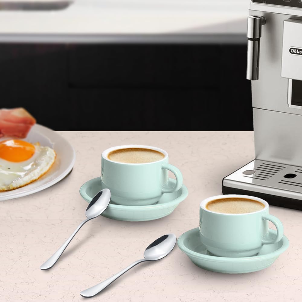 homEdge Premium Espresso Shot Cups and Saucers Set with Espresso Stainless Steel Spoons - 2.5 oz, Set of 4, Mint Green