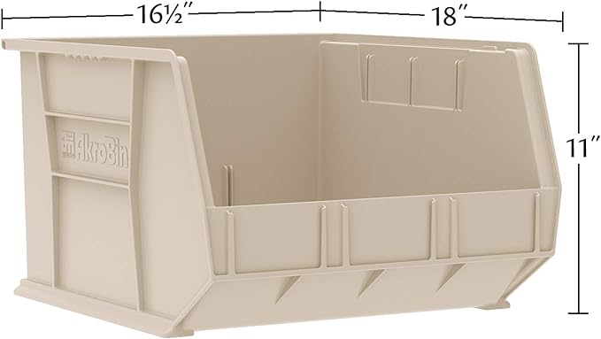 Akro-Mils 30270 AkroBins Plastic Storage Bins, Space-Saving Stackable Bins for Garage, Pantry, Craft Organization, 18" x 16" x 11", Stone, 3-Pack