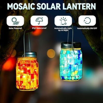 VOREEN Solar Powered Mosaic Mason Jar Lights, Colorful Stained Glass Lanterns for Outdoor Garden Decor, 2 Pack (Orange and Blue)