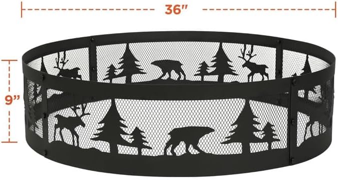 Red Mountain Valley 36 Inch Fire Pit Ring with 360° Forest & Wildlife Design, Portable Steel Wood Burning Firepit Ring for Outdoor Camping, Bonfires, Beach,Patio, fire Pit kit, Black