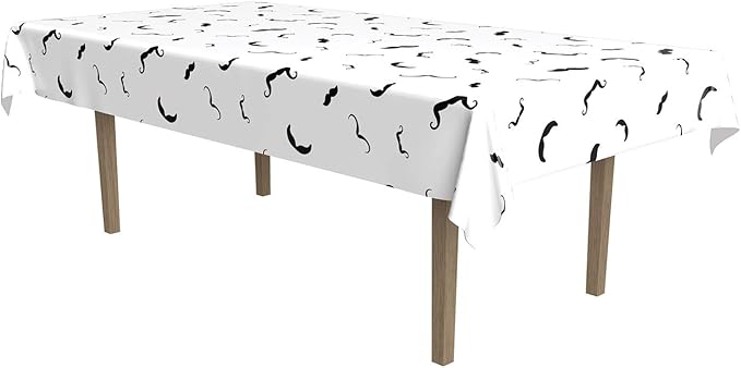 Beistle Moustache Tablecover, 54 by 108-Inch, White/Black, 54" x 108"