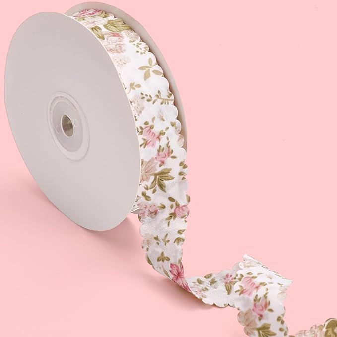 20 Yards Flower Print Ribbon White Spring Summer Floral Pattern Polyester Ribbon Vintage Wavy Edge Ribbons Bulk with Spool for Sewing Making Craft Bouquet Home Decor Wedding DIY Christmas