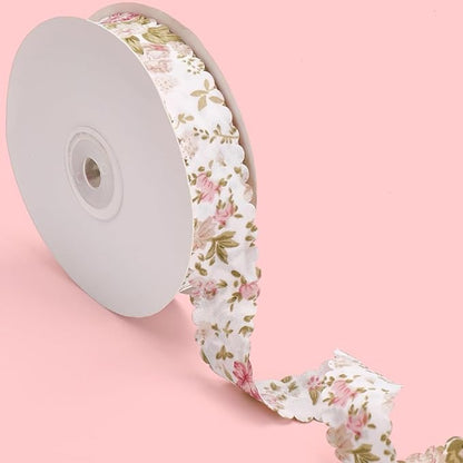 20 Yards Flower Print Ribbon White Spring Summer Floral Pattern Polyester Ribbon Vintage Wavy Edge Ribbons Bulk with Spool for Sewing Making Craft Bouquet Home Decor Wedding DIY Christmas