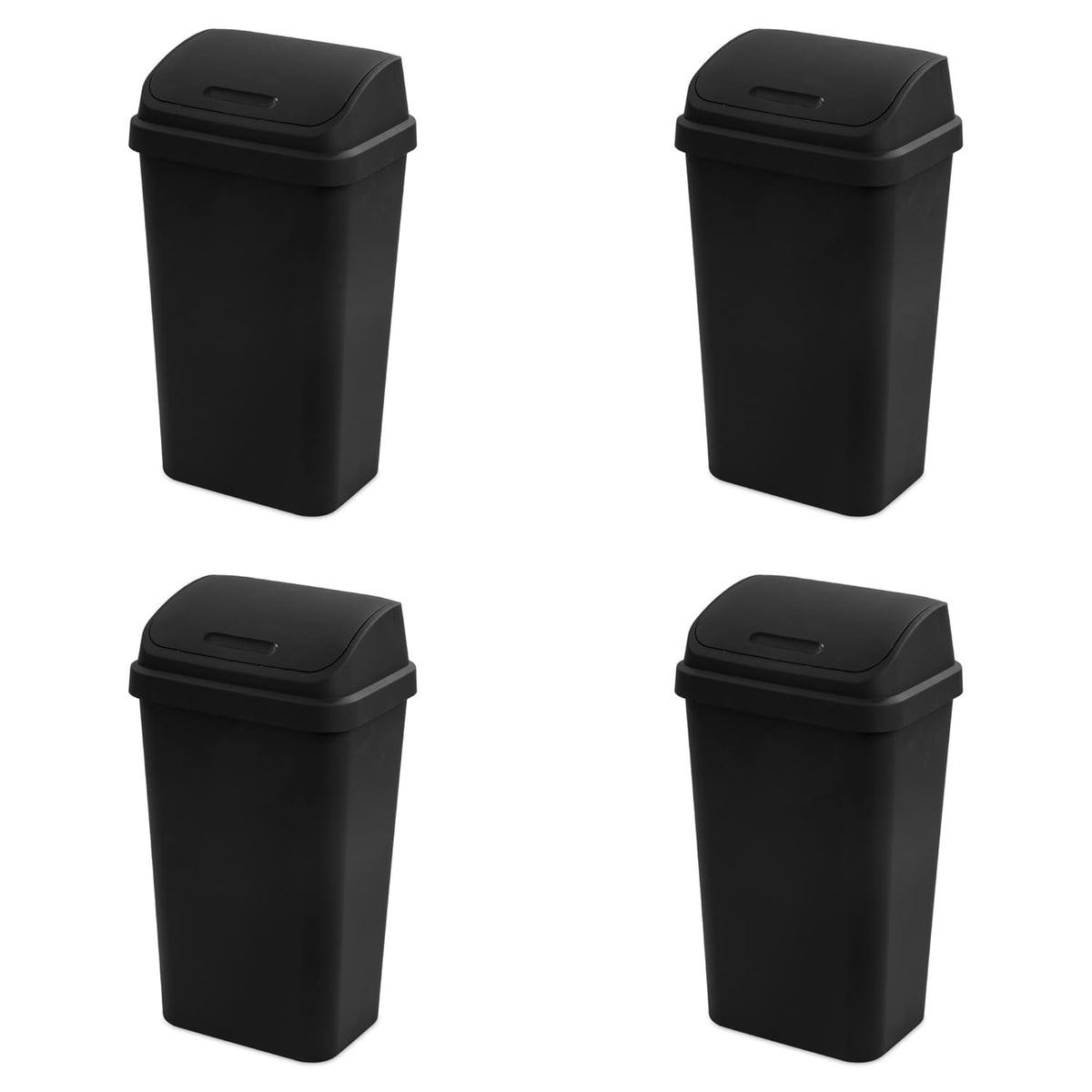 Sterilite 4-Pack Swing Top Wastebasket, Sleek Square Profile Trash Can, 13 Gallon, Black - Modern Garbage Bin for Kitchen, Bathroom, Garage and Workspace, Fits 13 Gal Liners