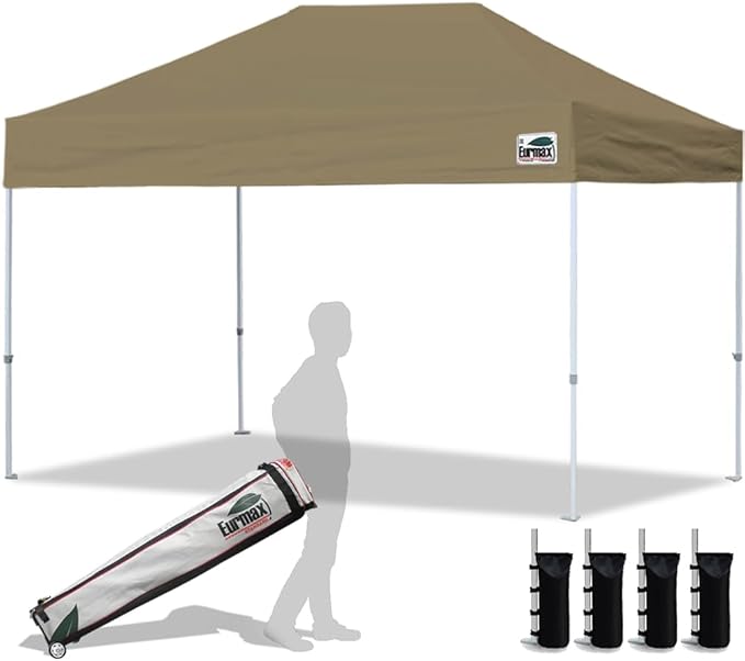 Eurmax USA 8x12ft Pop Up Canopy, Commercial Instant Tent for Outdoor Events, Patented No-Tip Rolling Storage Bag with 4 Sandbags, UV & Water Resistant, Heavy Duty Portable Shelter Gazebo,Khaki