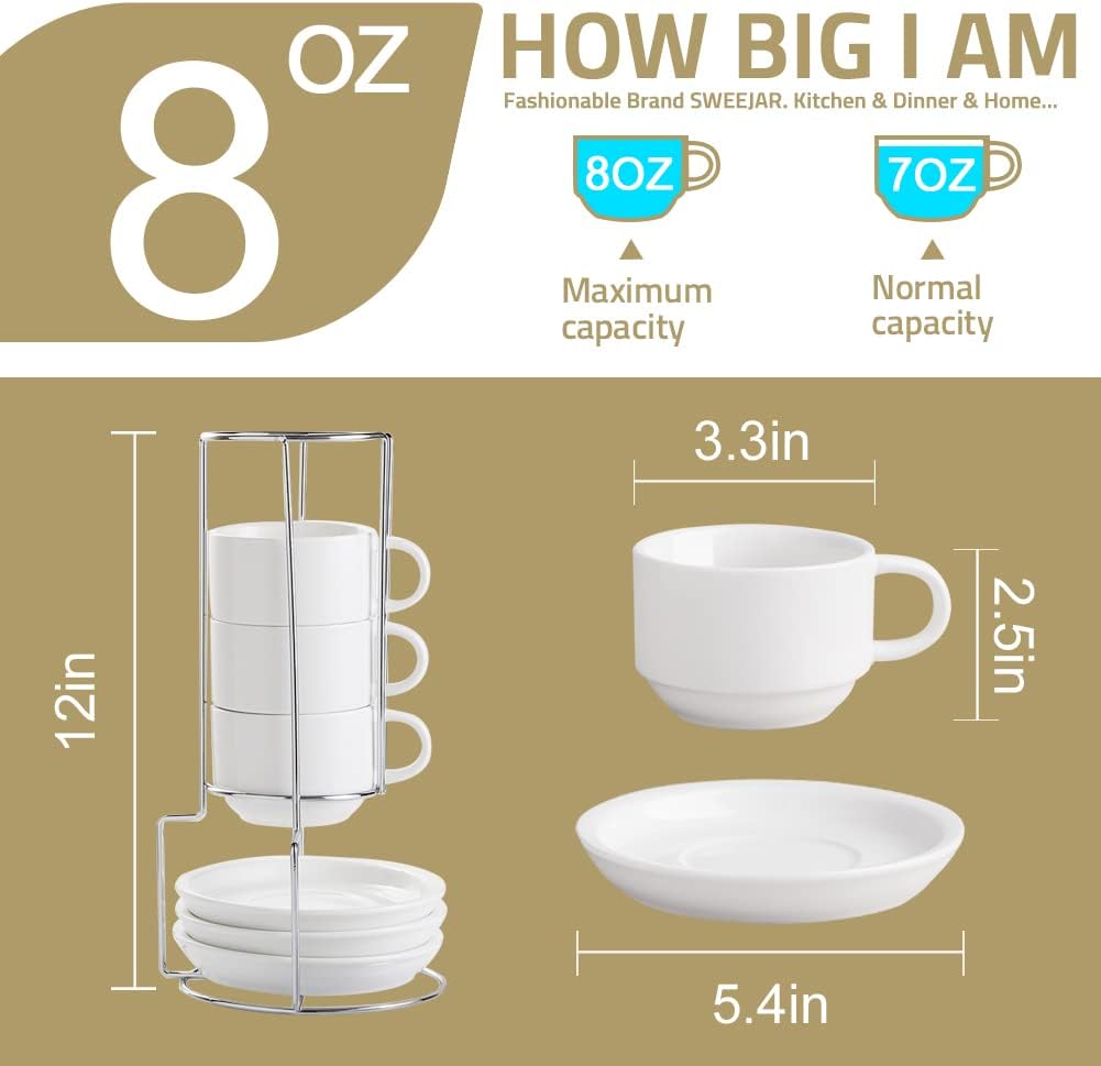 Sweejar Porcelain Cappuccino Cups with Saucers and Metal Stand, 8 Ounce Stackable Espresso Cups for Specialty Coffee Drinks, Latte, Americano, Tea