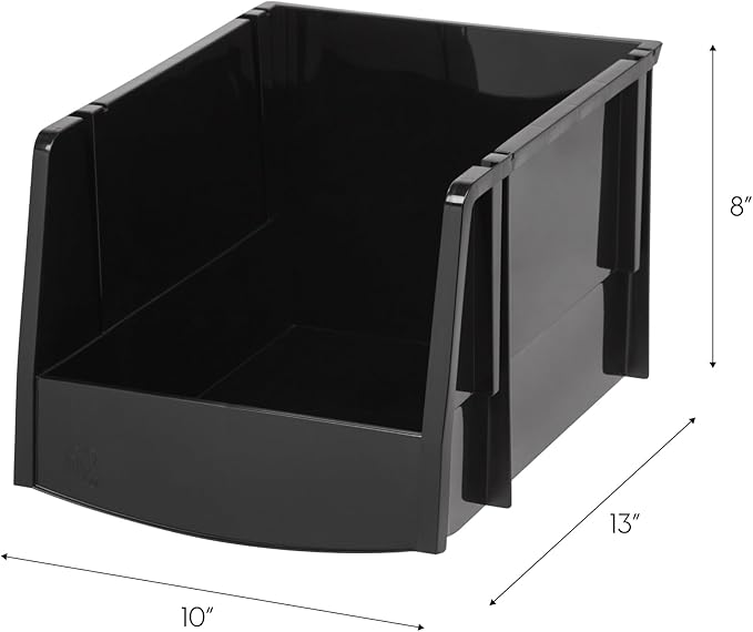 IRIS USA Extra Large Stackable Storage Bins, 6-Pack, 13"L x 10"W x 8"H, |Made in USA|, Plastic Open Front Shelf Bin for Organizing Parts, Hardware, Tools, Supplies, Garage Shelf, Pantry - Black