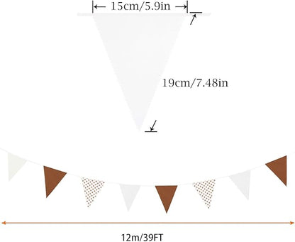Zwiebeco 39Ft Brown White Dot Fabric Bunting Banner Triangle Flags Cotton Garland Pennant for Birthday Wedding Forest Wild One Safari Party Home Outdoor Garden Decorations