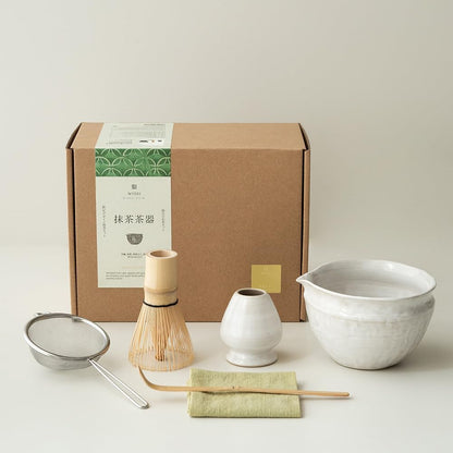 6-pcs Japanese Matcha Whisk Set with Handmade Wabi-Sabi Ceramic Bowl(Chawan),Bamboo Chasen, Whisk Holder, Scoop, Sifter & Tea Towel,Matcha Ceremony Kit,(Light Veil Gray)