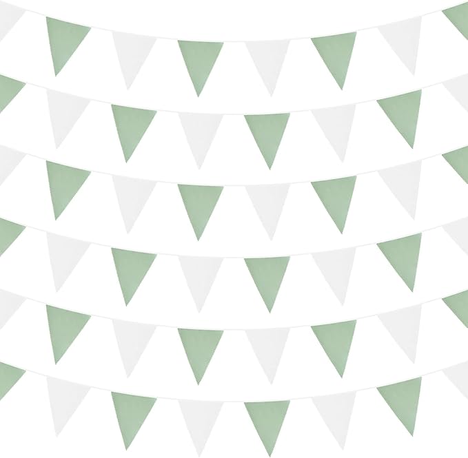 Zwiebeco 39Ft Green White Fabric Bunting Banner Triangle Flags Hanging Cotton Garland Pennant for Spring Tea Party Birthday Wedding Baby Shower Outdoor Garden Decorations 42PCS