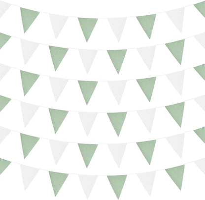 Zwiebeco 39Ft Green White Fabric Bunting Banner Triangle Flags Hanging Cotton Garland Pennant for Spring Tea Party Birthday Wedding Baby Shower Outdoor Garden Decorations 42PCS
