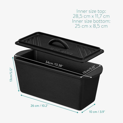 Navaris Long Bread Pan - Cast Iron Bread Loaf Pan with Lid for Homemade Sourdough Baking - 2 in 1 Cast Iron Loaf Pans - Covered Sour Dough Sandwich Baker - Dutch Oven Bakeware Set