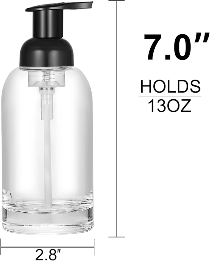 CHBJDAN 2 Pack Thick Clear Glass Jar Soap Dispenser with Foaming Pump, 13 Ounce Clear Round Bottles Dispenser with Foaming Pump (Black, 13oz)