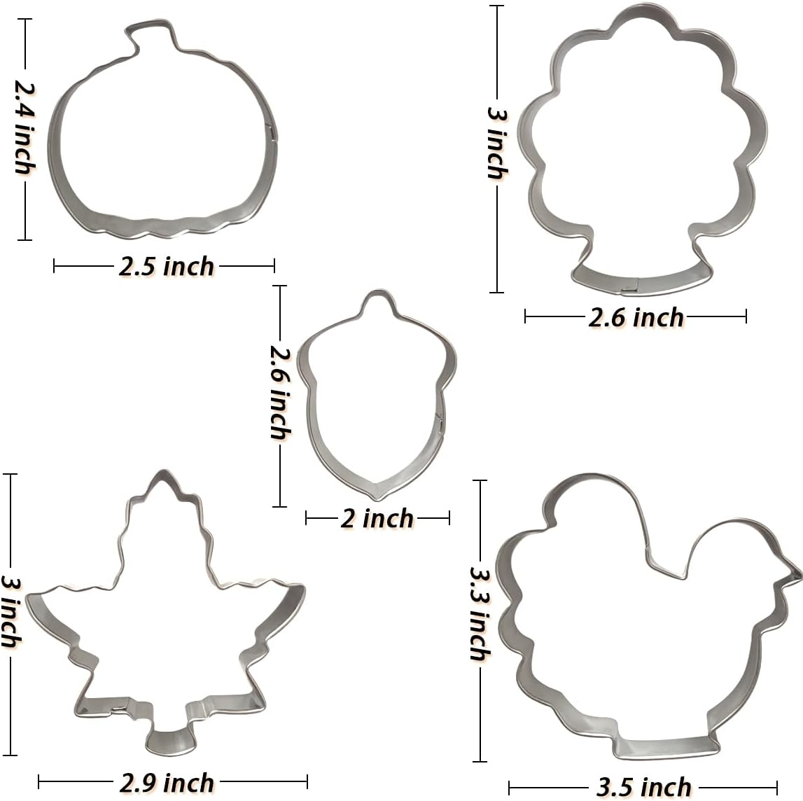 Thanksgiving Cookie Cutters Set 5PCS, Food-grade Stainless Steel Turkey Pumpkin Pine Cones Maple Leaf Fall Cookie Cutters Shapes