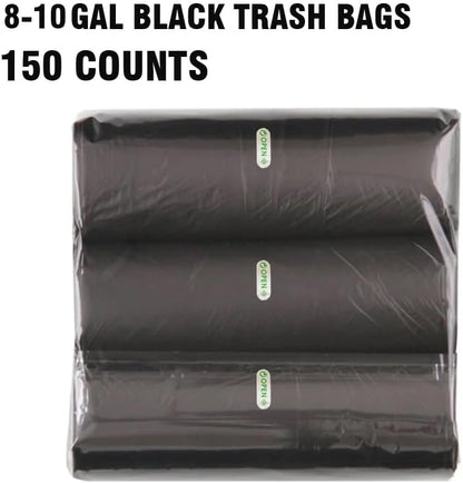 8-10 Gallon Trash Bags, 150 Count Black Garbage bags, Multi-purpose Trash Can Bin Liners for Bathroom, Office, Industrial, Commercial, Janitorial, Municipal, Recycling